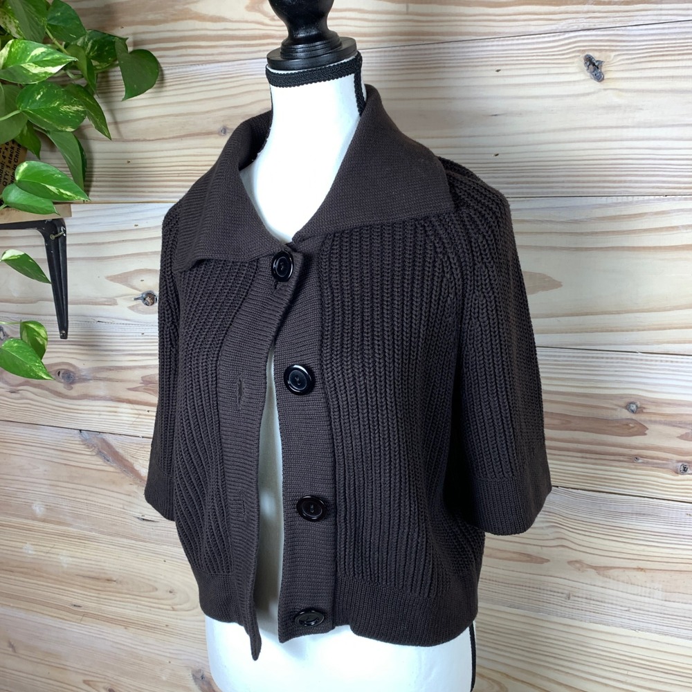 Chaus Cardigan Women Small Brown Ribbed Chunky Crop Short Sleeve Dark Academia